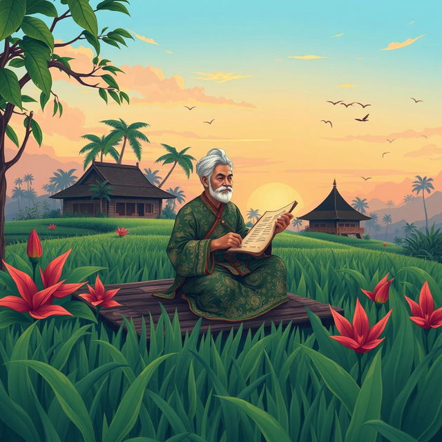 A beautifully illustrated scene depicting Javanese poetry in a serene setting, with a traditional Javanese poet dressed in a classic batik outfit, surrounded by lush green rice fields and vibrant tropical plants