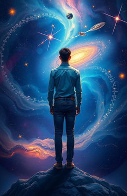 A surreal depiction of a person standing backward in the vastness of the universe, with stars, galaxies, and cosmic elements swirling around them