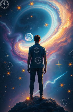 A surreal depiction of a person standing backward in the vastness of the universe, with stars, galaxies, and cosmic elements swirling around them