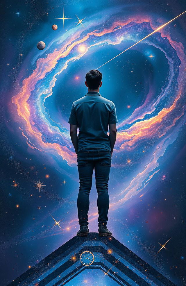 A surreal depiction of a person standing backward in the vastness of the universe, with stars, galaxies, and cosmic elements swirling around them