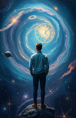 A surreal depiction of a person standing backward in the vastness of the universe, with stars, galaxies, and cosmic elements swirling around them