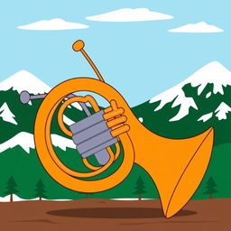 A whimsical and cartoonish representation of a French horn inspired by the style of South Park