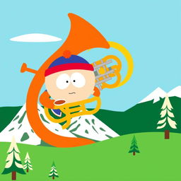 A whimsical and cartoonish representation of a French horn inspired by the style of South Park