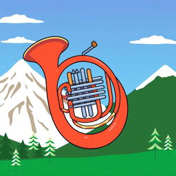 A whimsical and cartoonish representation of a French horn inspired by the style of South Park