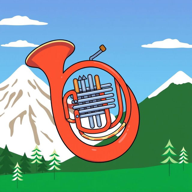 A whimsical and cartoonish representation of a French horn inspired by the style of South Park