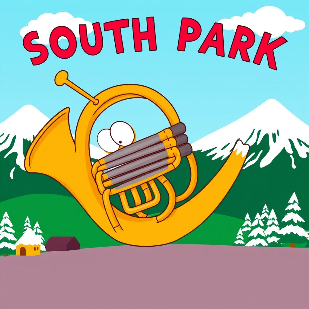 A whimsical and cartoonish representation of a French horn inspired by the style of South Park