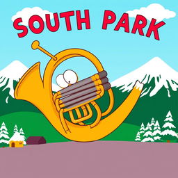 A whimsical and cartoonish representation of a French horn inspired by the style of South Park