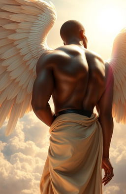 An African male angel with strong, muscular features, showcasing a dignified backside that is partly turned to the viewer