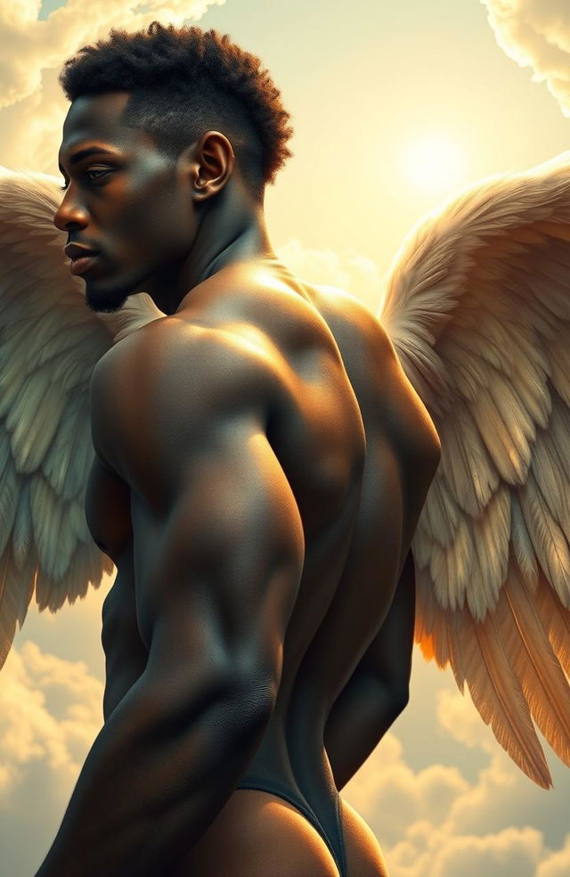 An African male angel with strong, muscular features, showcasing a dignified backside that is partly turned to the viewer