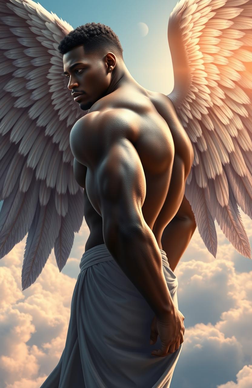 An African male angel with strong, muscular features, showcasing a dignified backside that is partly turned to the viewer