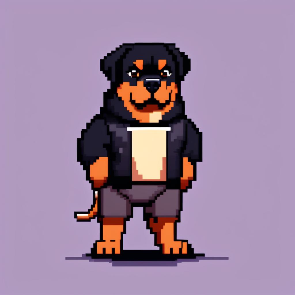 Pixel art PFP of a robust Rottweiler with a black and tan coat, deep brown eyes, and a confident stance against a gradient urban grey background