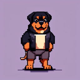 Pixel art PFP of a robust Rottweiler with a black and tan coat, deep brown eyes, and a confident stance against a gradient urban grey background