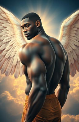 An African male angel with strong, muscular features, showcasing a dignified backside that is partly turned to the viewer