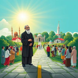 An artistic illustration representing Abdurrahman Wahid (Gus Dur) with key themes of religion, society, and the state