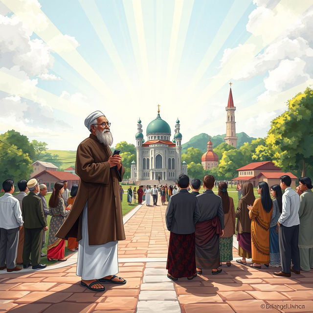 An artistic illustration representing Abdurrahman Wahid (Gus Dur) with key themes of religion, society, and the state