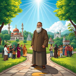 An artistic illustration representing Abdurrahman Wahid (Gus Dur) with key themes of religion, society, and the state