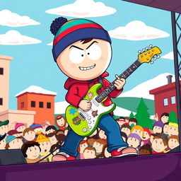 A cartoon-style illustration inspired by the aesthetic of South Park, featuring a character playing an electric guitar on stage