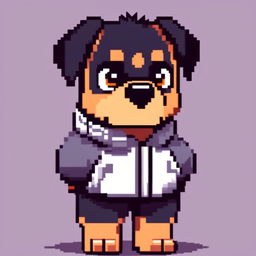 Pixel art PFP of a robust Rottweiler with a black and tan coat, deep brown eyes, and a confident stance against a gradient urban grey background