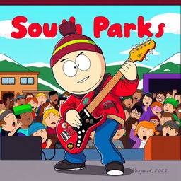 A cartoon-style illustration inspired by the aesthetic of South Park, featuring a character playing an electric guitar on stage