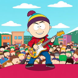 A cartoon-style illustration inspired by the aesthetic of South Park, featuring a character playing an electric guitar on stage