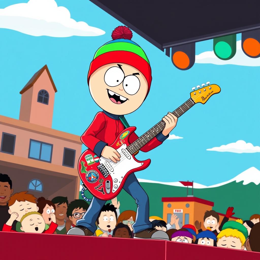 A cartoon-style illustration inspired by the aesthetic of South Park, featuring a character playing an electric guitar on stage