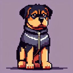 Pixel art PFP of a robust Rottweiler with a black and tan coat, deep brown eyes, and a confident stance against a gradient urban grey background