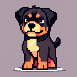 Pixel art PFP of a robust Rottweiler with a black and tan coat, deep brown eyes, and a confident stance against a gradient urban grey background