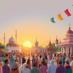 A beautifully composed illustration capturing the essence of the relationship between religion, society, and the state