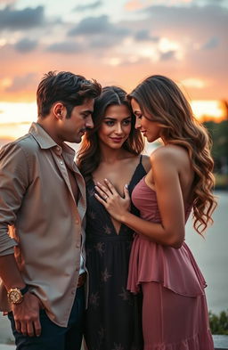 A dramatic love triangle scene featuring one man and one woman competing for the affection of another beautiful woman