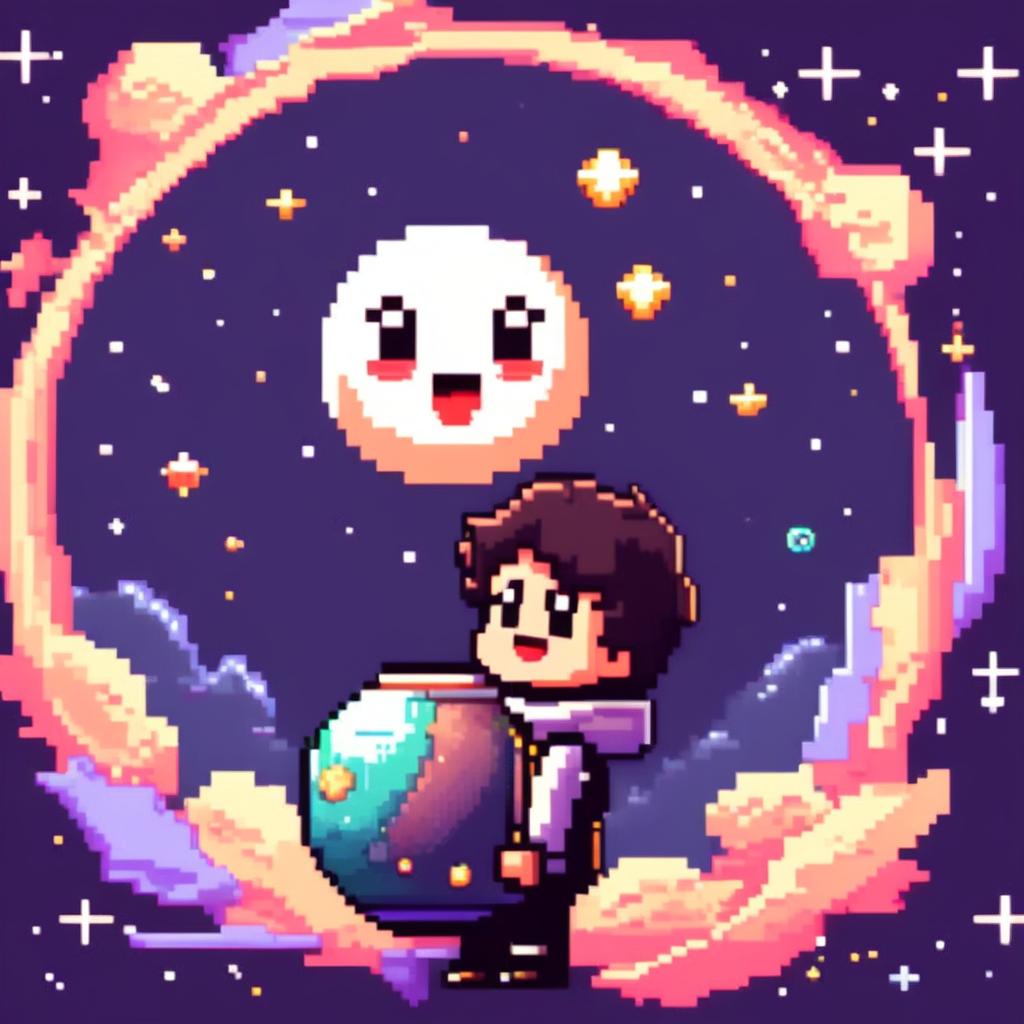 Pixel art profile picture featuring a moon orbiting a planet in a cosmic space scene with a star-studded backdrop.