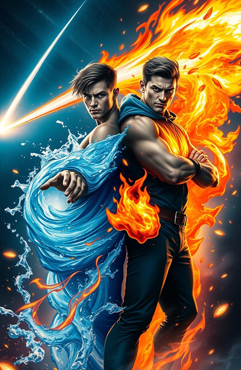 A striking depiction of two heroic brothers standing back-to-back, one harnessing the powers of water and the other wielding the powers of fire