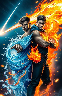 A striking depiction of two heroic brothers standing back-to-back, one harnessing the powers of water and the other wielding the powers of fire