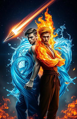 A striking depiction of two heroic brothers standing back-to-back, one harnessing the powers of water and the other wielding the powers of fire