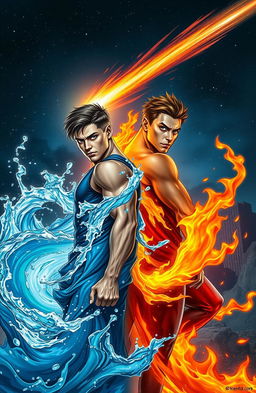 A striking depiction of two heroic brothers standing back-to-back, one harnessing the powers of water and the other wielding the powers of fire
