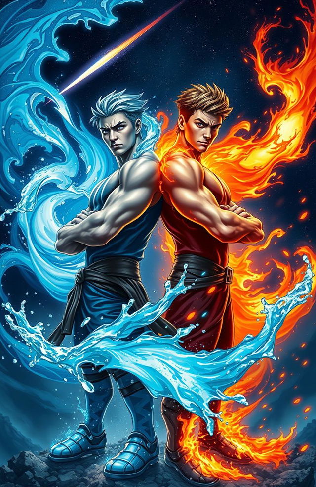 A striking depiction of two heroic brothers standing back-to-back, one harnessing the powers of water and the other wielding the powers of fire