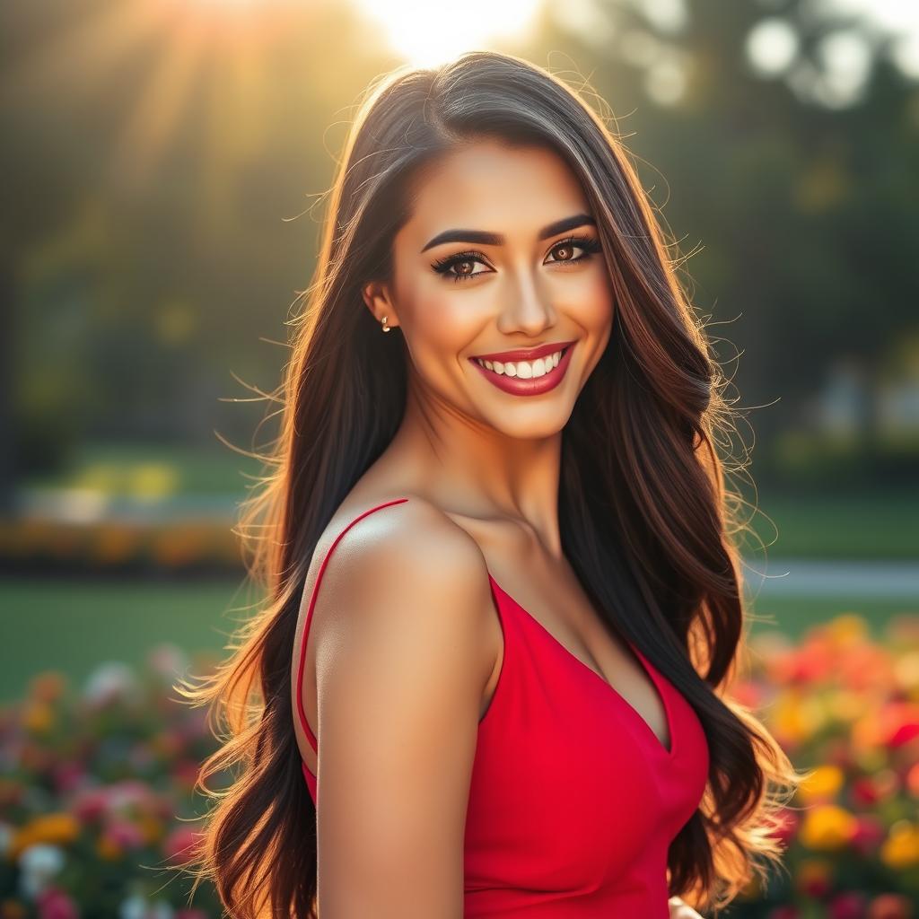 A stunning portrait of a confident and attractive woman with long flowing brunette hair, wearing a vibrant red dress that accentuates her curves