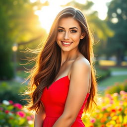 A stunning portrait of a confident and attractive woman with long flowing brunette hair, wearing a vibrant red dress that accentuates her curves