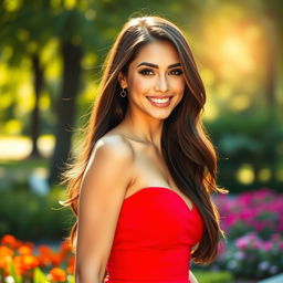 A stunning portrait of a confident and attractive woman with long flowing brunette hair, wearing a vibrant red dress that accentuates her curves