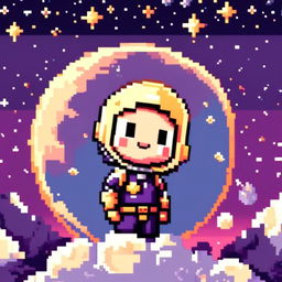 Pixel art profile picture featuring a moon orbiting a planet in a cosmic space scene with a star-studded backdrop.