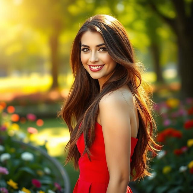 A stunning portrait of a confident and attractive woman with long flowing brunette hair, wearing a vibrant red dress that accentuates her curves