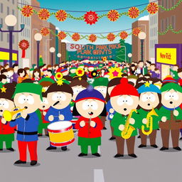 A vibrant and lively scene depicting a South Park-style marching band, featuring cartoonish characters resembling the iconic South Park kids dressed in colorful uniforms, playing various instruments like trumpets, drums, and saxophones