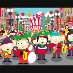 A vibrant and lively scene depicting a South Park-style marching band, featuring cartoonish characters resembling the iconic South Park kids dressed in colorful uniforms, playing various instruments like trumpets, drums, and saxophones