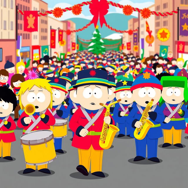 A vibrant and lively scene depicting a South Park-style marching band, featuring cartoonish characters resembling the iconic South Park kids dressed in colorful uniforms, playing various instruments like trumpets, drums, and saxophones