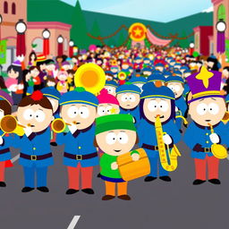 A vibrant and lively scene depicting a South Park-style marching band, featuring cartoonish characters resembling the iconic South Park kids dressed in colorful uniforms, playing various instruments like trumpets, drums, and saxophones