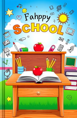 A visually striking school book cover, featuring a vibrant and colorful illustration of a classic wooden school desk with an open book, pencils, and an apple