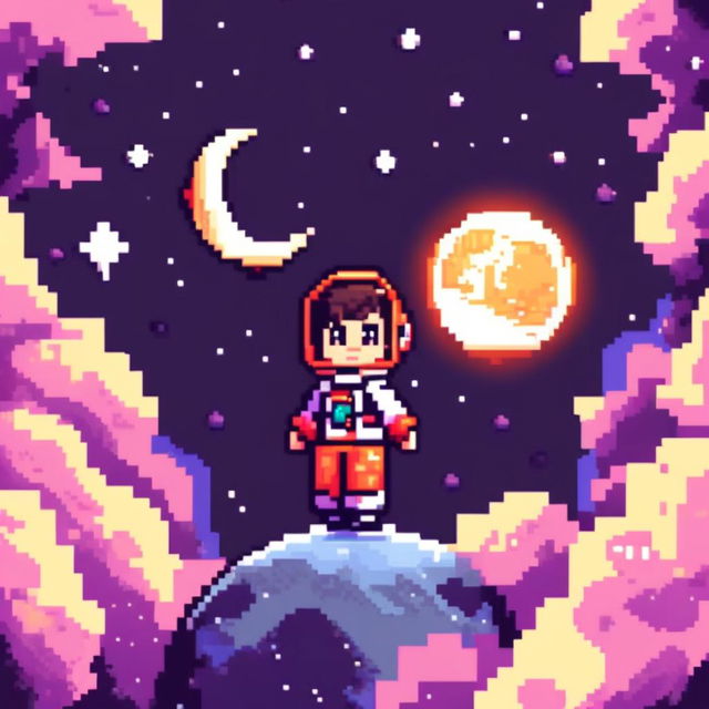 Pixel art profile picture featuring a moon orbiting a planet in a cosmic space scene with a star-studded backdrop.