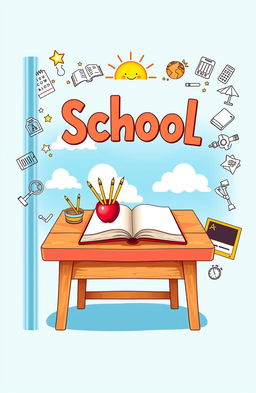 A visually striking school book cover, featuring a vibrant and colorful illustration of a classic wooden school desk with an open book, pencils, and an apple