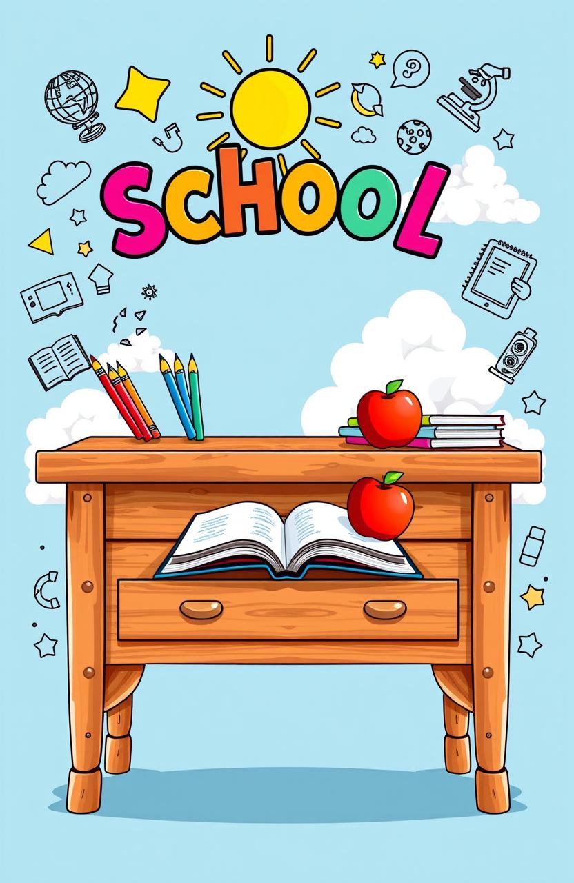 A visually striking school book cover, featuring a vibrant and colorful illustration of a classic wooden school desk with an open book, pencils, and an apple