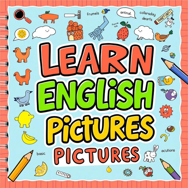 A visually engaging cover design for a book titled 'Learn English Through Pictures'