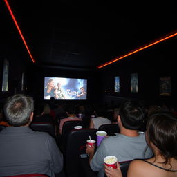 Inside a cinema hall filled with people watching a movie, dimly lit atmosphere with the glow from the screen illuminating the audience's faces